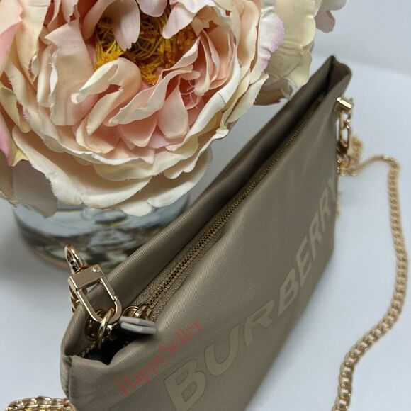 Burberry Pouch Crossbody Purse Cosmetic Organizer Tan Gold Makeup Case Dopp Kit - Picture 6 of 12